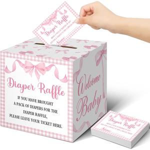 Teling 51 Pieces Diaper Raffle Tickets with Card Box Baby Shower Decorations Baby Shower Holder Box for Girl Boy Diaper Raffle Party(Pink Bow Style)