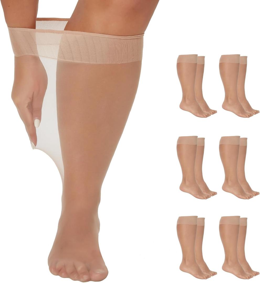 Yilanmy Plus Size Knee High Socks for Women Nylon Sheer Trouser Socks 6Pairs (X-Large-XX-Large, Natural)