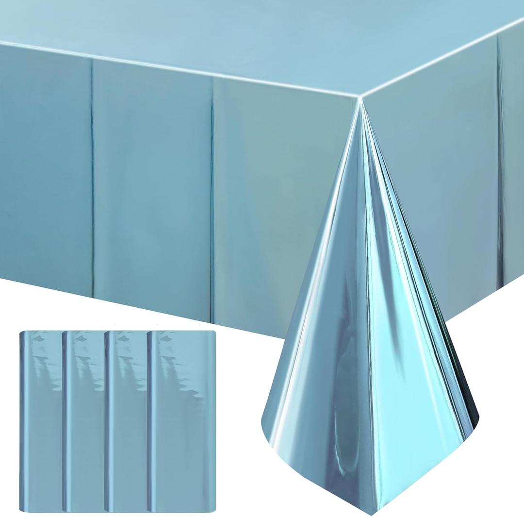 4pcs Light Blue Foil Tablecloth 54*72inch Plastic Baby Shower Frozen Birthday Party Table Cloths Disposable Waterproof Table Cover for Winter Christmas Wedding Graduation Party Supplies