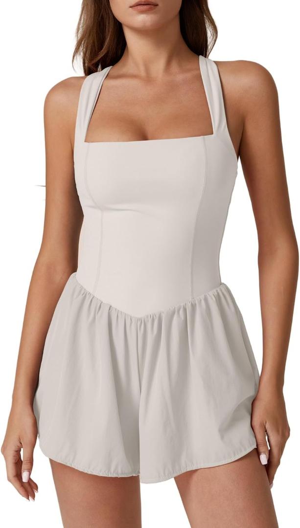 QINSEN Women's Square Neck Sleeveless Romper Jumpsuit Casual Summer One Piece Outfit with Pocket Beige S