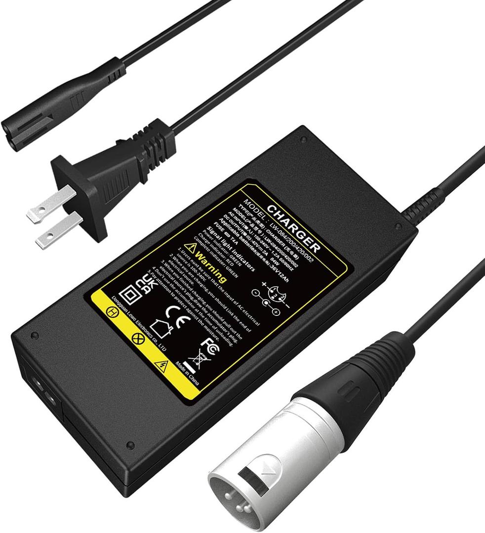 Futurebatt Electric Bike Battery Charger Output 42v 2a with 3-Pin XLR Connector Male for 36V Ebike Battery Adapter Power Cord