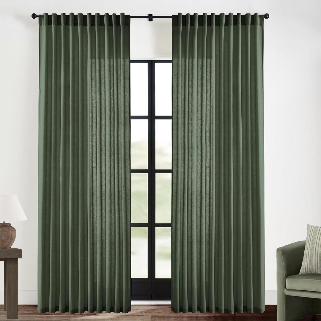 XTMYI Living Room Drapes 70 Inch Wide by 84 Long for 72 in Width Window, Back Tab Hooks Pleated Linen Cotton Extra Wide Boho Semi Sheer Curtains for Bedroom Set 2 Panels,70x84 Inch Length,Olive Green (Loden)