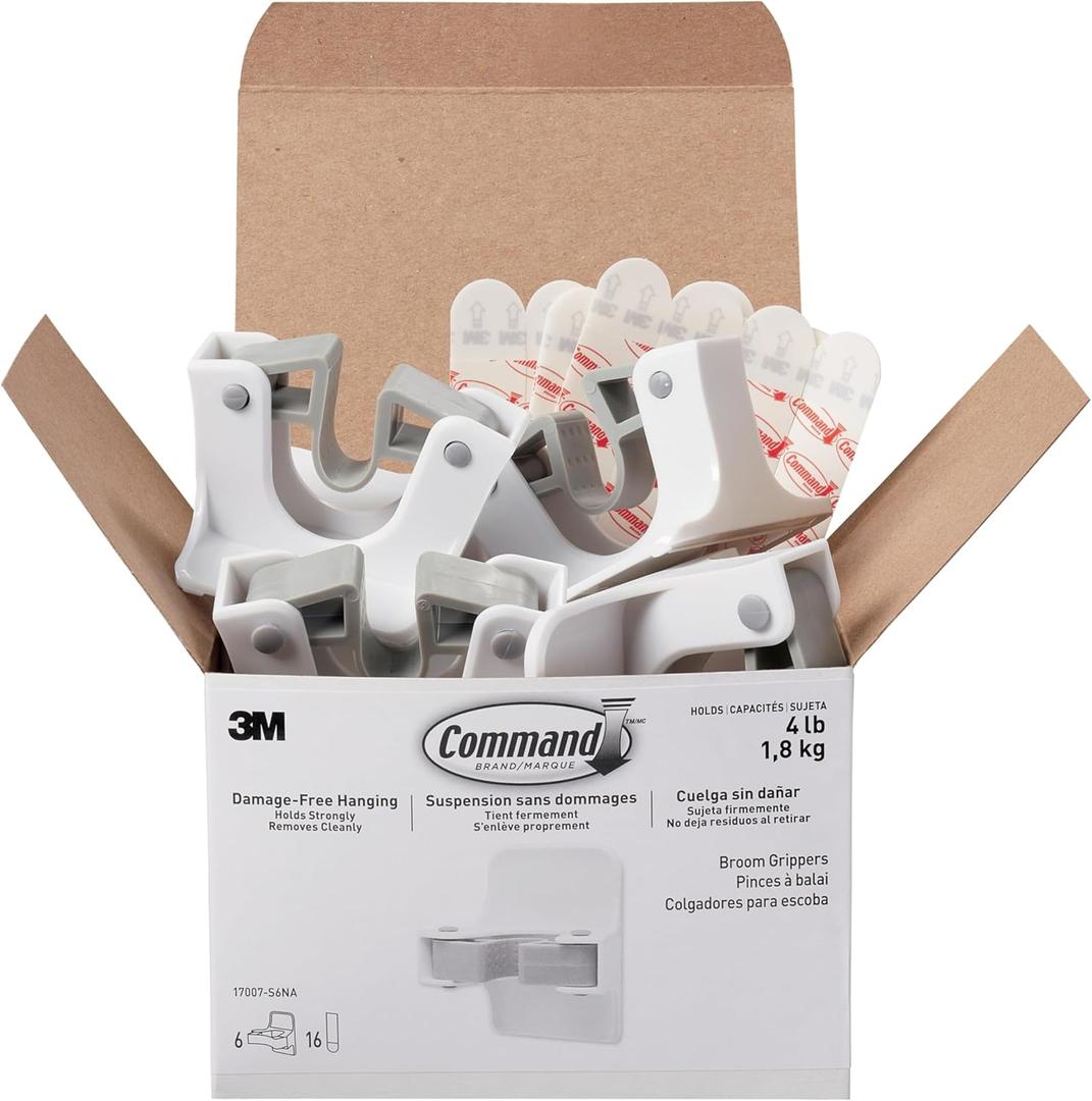 Command Broom and Mop Grippers, 6 Hangers and 16 Strips, Damage-Free Hanging Wall Mount Broom and Mop Holder, Household Cleaning Organizer for Organization and Storage, Holds up to 4 lb