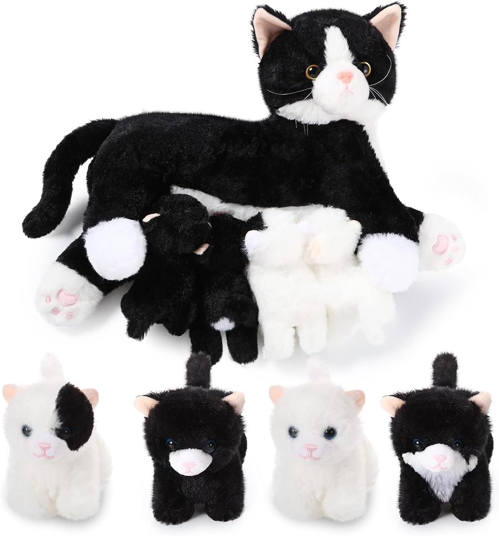 Skylety Nurturing Cat Stuffed Animal with 4 Plush Kittens, Cats Baby Stuffed for Girls Boys Plushy Mommy Kitty with Baby Kittens for Birthday Party Favors Gifts(Fluffy Style)
