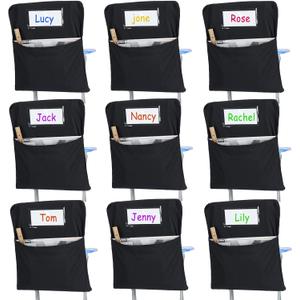 24 Pcs Small Chair Pockets for Classroom 14 Inch School Chairs Bag Chairback Buddy Seat Pocket Student Classroom Organizer with Name Tag for Primary School Chair up to 14'' Wide(Black)