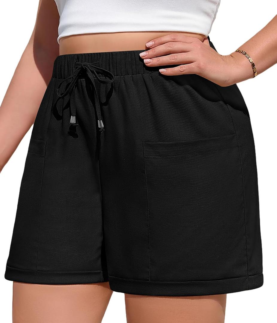 Yusongirl Plus Size Casual Shorts for Women Casual Elastic Wide Leg Drawstring Lightweight Summer Pull On Shorts with Pockets (Black)