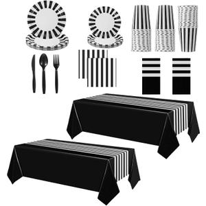 154 PCS Black and White Disposable Dinnerware Set Party Supplies Striped Tablecloth with Tableware Stripe Table Cover Plates Cups Napkins, Knives Forks Spoons