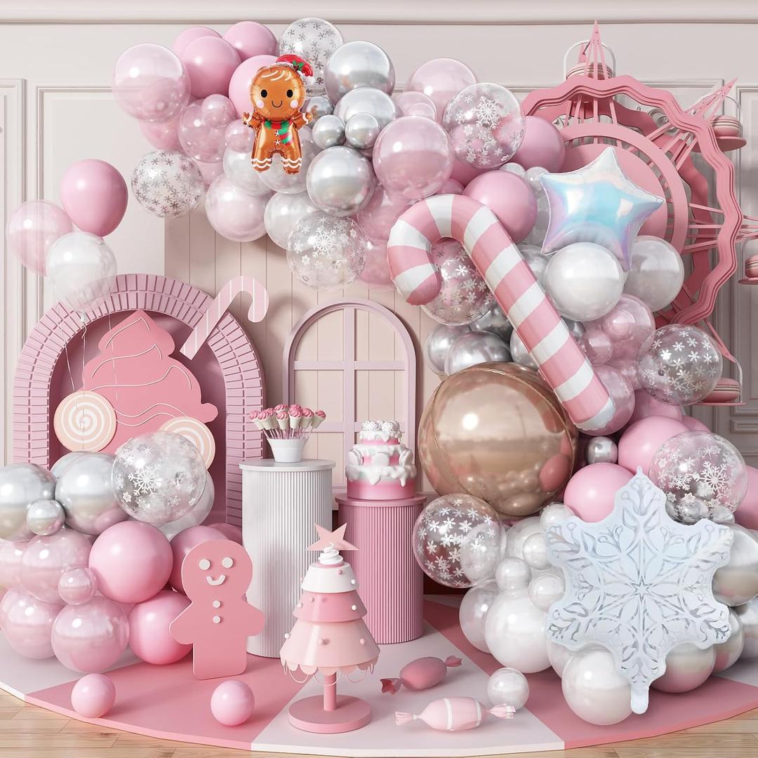 Pink Christmas Decorations Arch Kit, 120 PCS Xmas Balloons with 4D Rose Gold Candy Cane Iridescent Snowflakes, Pastel Pearl Pink Silver Balloons for Gingerbread Decor