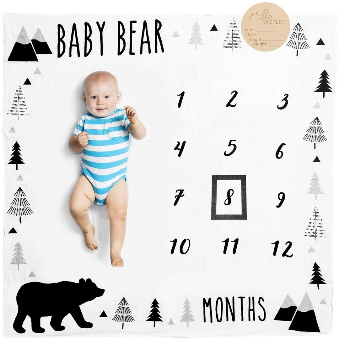 Organic Baby Monthly Milestone Blanket Boy - Baby Bear Blanket Months with Frame and Newborn Announcement Disc - Baby Boy Age Blanket for 1-12 Month Milestones, 47x47 (Black, White, Grey)