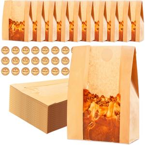 60Pcs Paper Bread Bags for Homemade Bread, Sourdough Bags with Window, 13.7 x 8.3 x 3.5 Inch Large Brown Kraft Bakery Bag for Storing Loaves & Snacks, Includes 70 Sealing Stickers