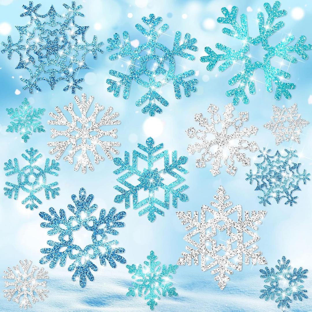 90 Pcs Snowflake Cutouts Decorations, Winter Paper Snowflake Cutouts with Glue Stickers for Bulletin Board Christmas Party Home Class Office Decor Accessories(Silver, Blue)