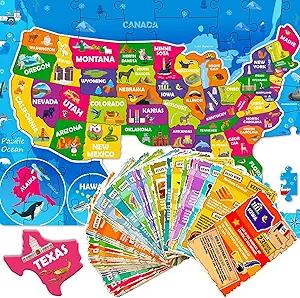 United States Puzzles for Kids Ages 810  70 Pcs Jigsaw Floor USA Map Puzzles for Kids Ages 68  Includes 50 Cards with 400+ USA Facts  US State & Capitals Educational Gift for Children 48
