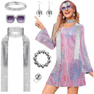 Womens 70s Outfit 1970s Dress Costume 70's Accessories Jewelry for Birthday Dance Party Halloween (Medium, Pink)
