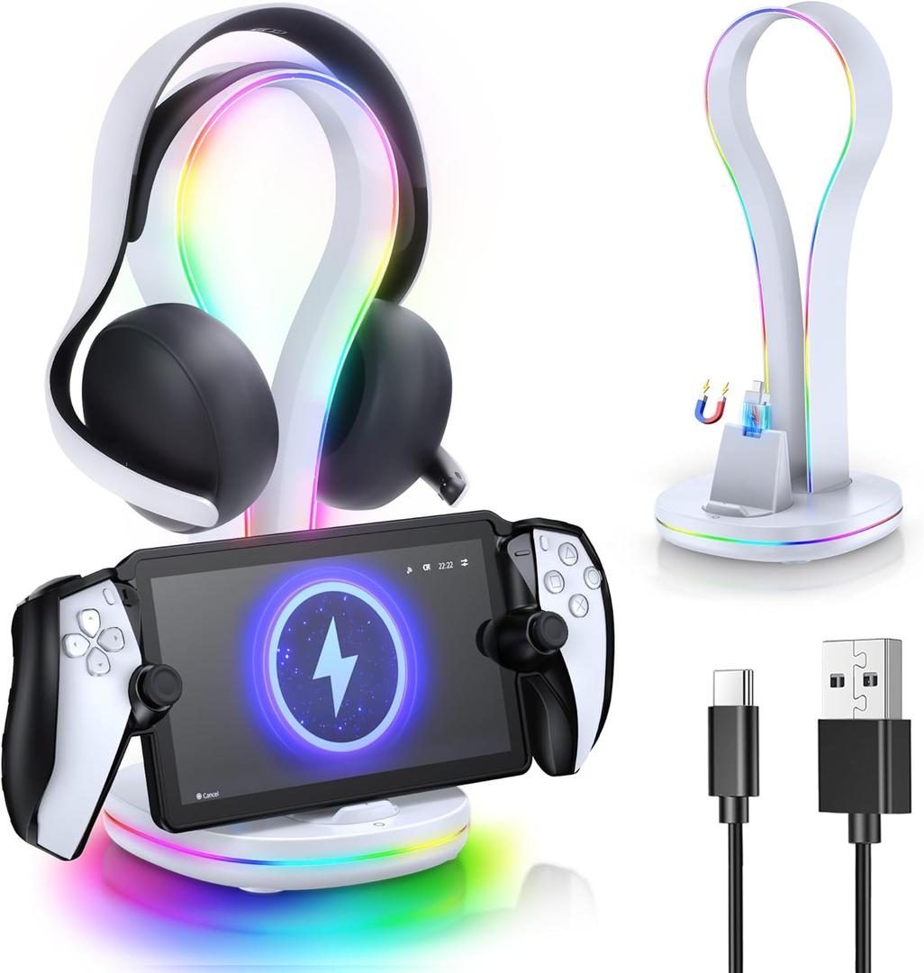 4-in-1 Magnetic Charging Dock for PS Portal & PlayStation Pulse Elite Headset, KOVA Case-Friendly Charger Stand for PlayStation Portal Accessories with 11 Light Modes & 2X USB Ports &1x Cable