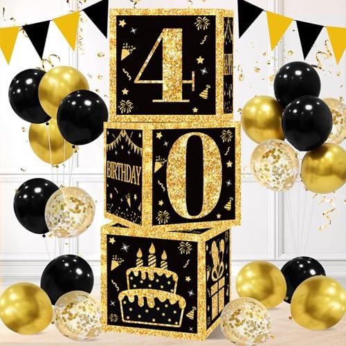 40th Birthday Decorations Boxes for Men- 3PCS Black Gold Happy 40th Birthday Balloons Boxes, 40 Year Old Party Supplies for Men Women