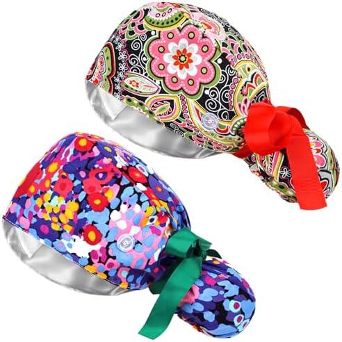 Fanadith Scrub Cap, Surgical Caps for Women, Nurse Caps with Buttons Ribbon Tie, Adjustable Bouffant Nurse Hat