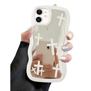 Jusy Compatible with iPhone 12/12 Pro Case with Wavy Edge, Cute White Cross Pattern Mirror Curly Phone Cases, Shockproof Hard PC & Soft TPU Bumper Protection Cover for Women Girls-Cross Pattern