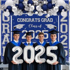 MEHOFOND Graduation Decorations Class of 2025, Blue and Silver Graduate Party Supplies Include Congrats Grad Class of 2025 Backdrop, Porch Banner, Balloons, Foil Number 2025 for Graduation Party