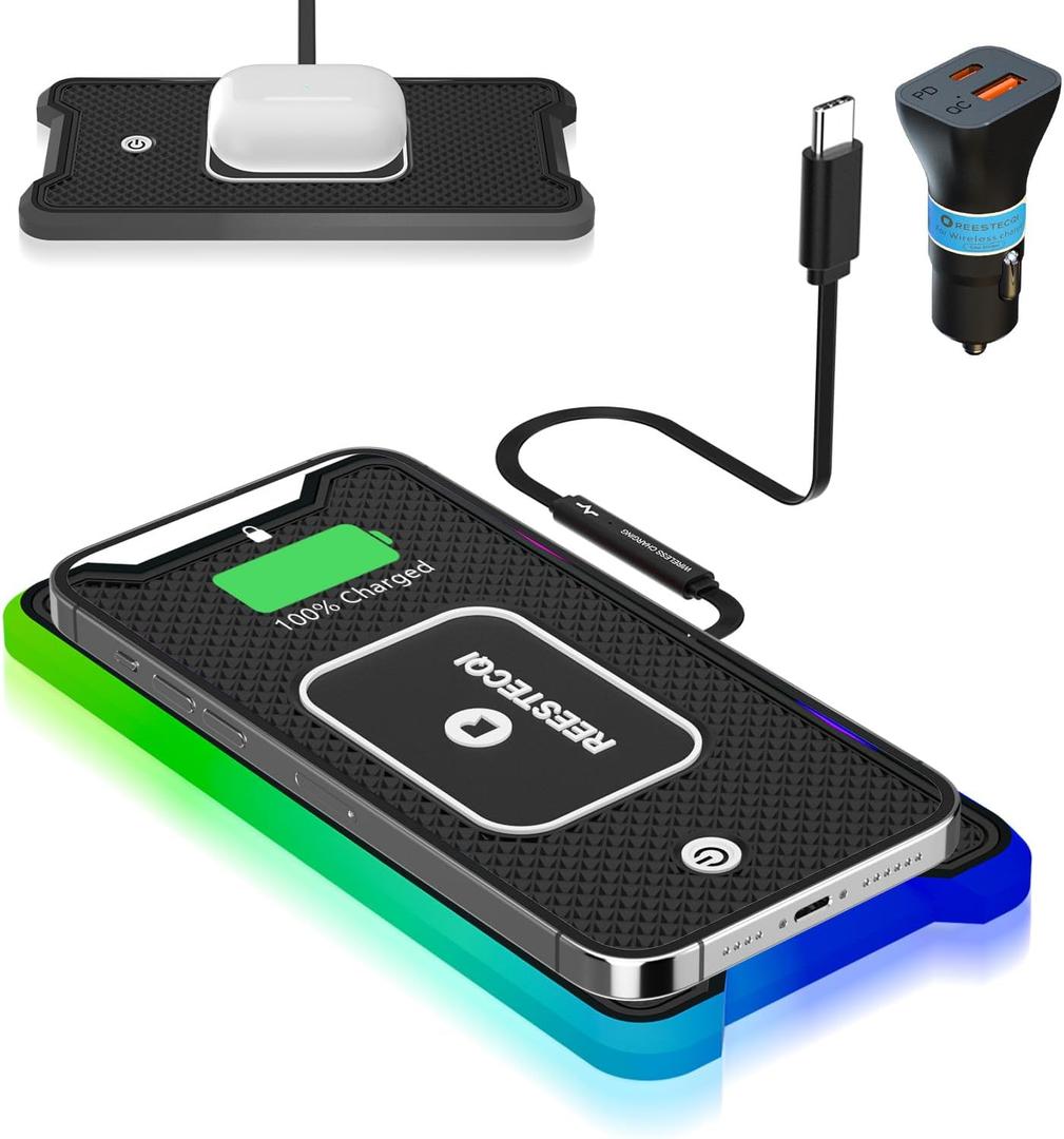 Wireless Car Charger Pad, REESTECQI 15W RGB Wireless Charger for Car Type C Non Slip Charging Pad for Car Compatible with Airpods iPhone 16/15/14/13/12,Samsung Google (30CM Cable)