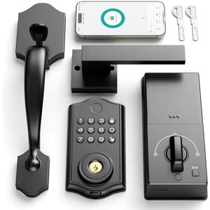 Smart Front Door Lock Set, APP Control Keyless Entry Door Lock with Handle, Smart Fingerprint Deadbolt, Anti-Peeping Electronic Keypad, Auto Lock, Easy Install, Black