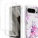 Case for Pixel 8 Pro Case, Google 8 Pro GC3VE with Tempered Glass Screen Protector, Floral Design Shockproof Bumper Full Body Protective Cell Phone Cover for Google Pixel 8 Pro Rose
