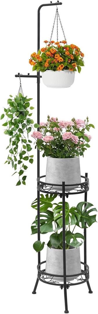CZWL&HG Hanging Plant Stand Adjustable 2-Tier 72" Metal Shelf -Tall Indoor/Outdoor Plant Rack with Hangers for 4 Potted Flowers, Corner Shelf for Living Room & Patio (Black)