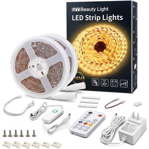 MY BEAUTY LIGHT LED Strip Lights Warm White,32.8ft Dimmable LED Light Strip with RF Remote,600 Bright 3000K 2835 LEDs,Plug-in Adhesive Rope Lights with Timing Mode for Living Room Bedroom Kitchen