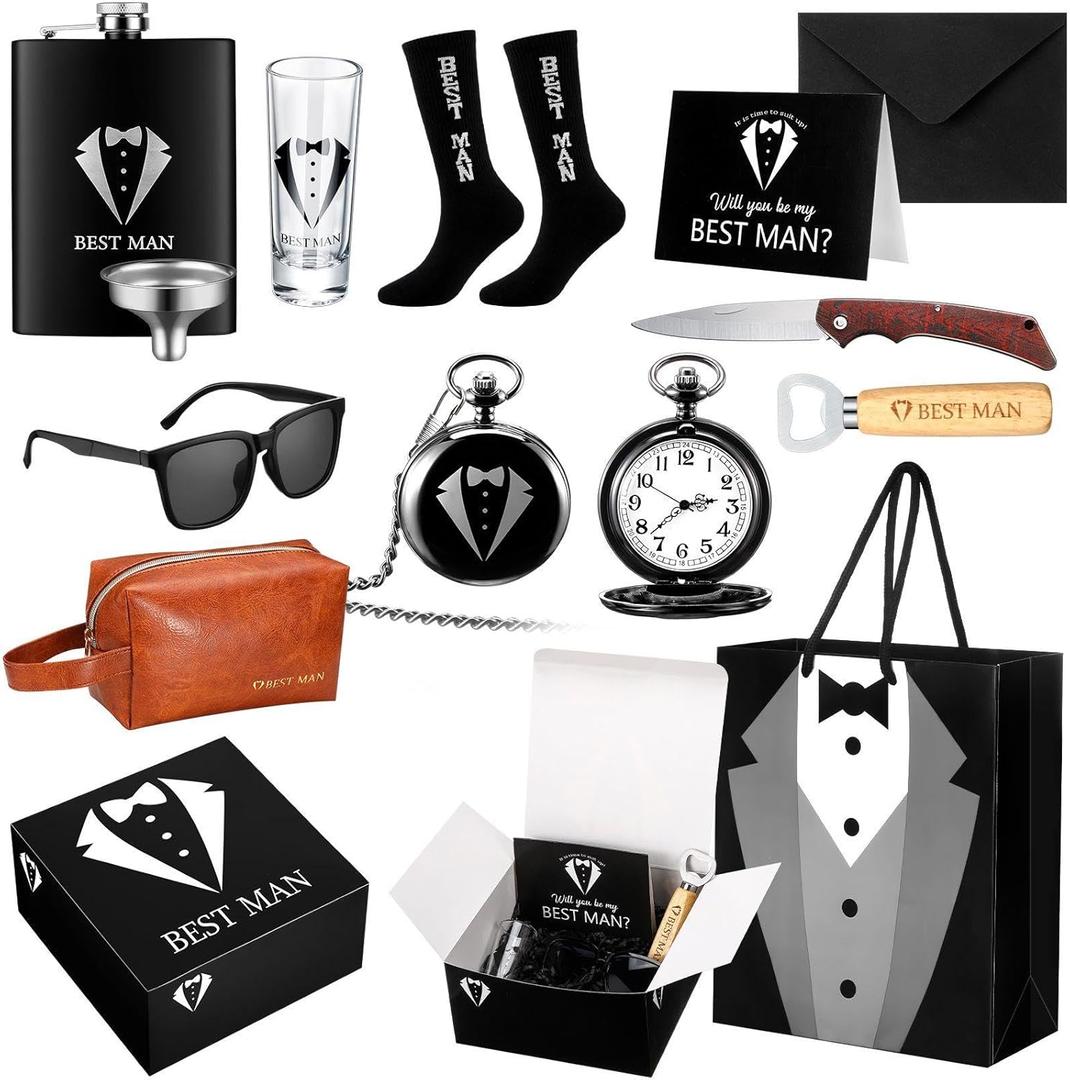 13 Pcs Best Man Proposal Gift Set Stainless Steel Flask Box Bag Shot Glass Bottle Opener Pocket Watch Sunglasses Knife Sock Card Toiletry Bag for Wedding