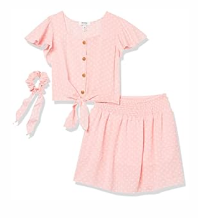 Speechless Girls' Tie Front Top and Short Skirt Set, Pink/ White Polka Dots, 16
