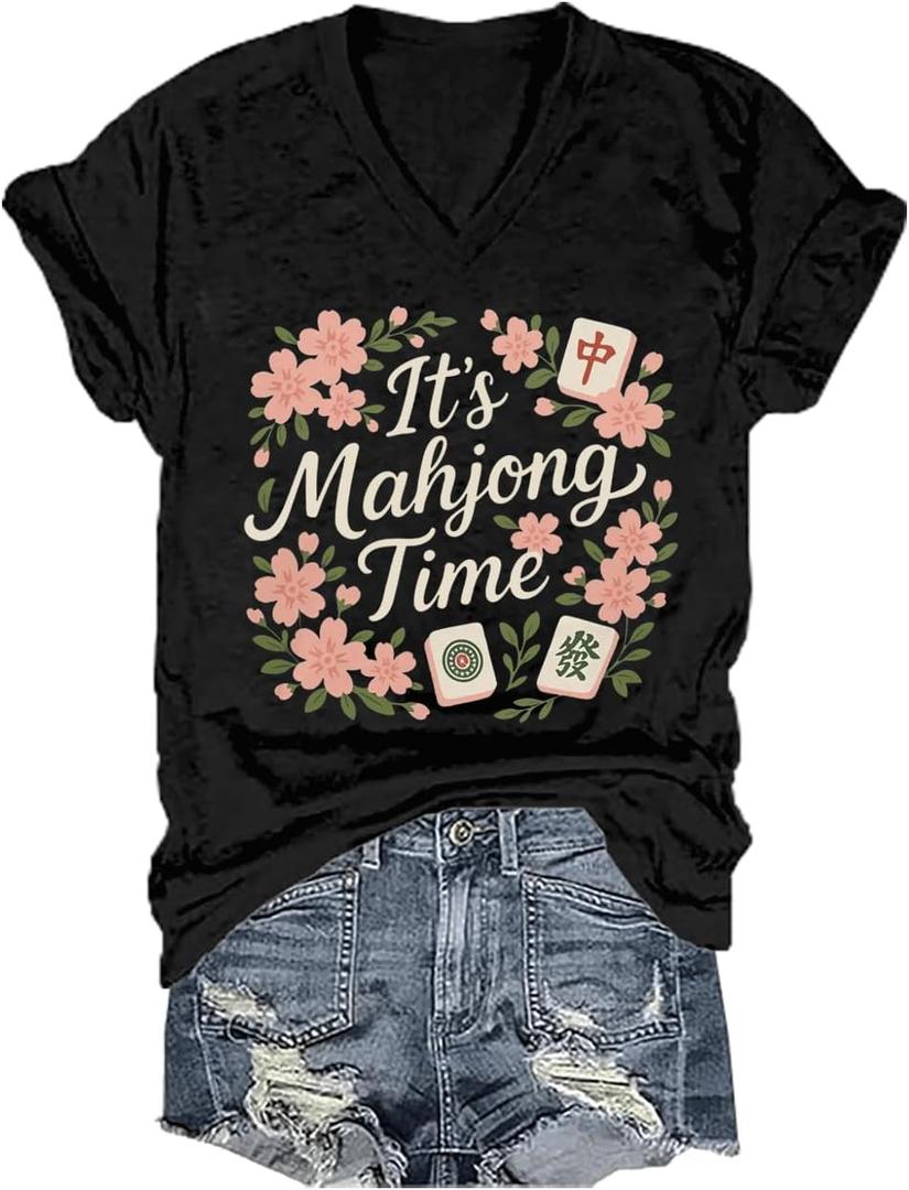 Mahjong Shirt Mahjong Gifts for Women Mahjong Shirts for Woman V Neck T-Shirt for Women Men L