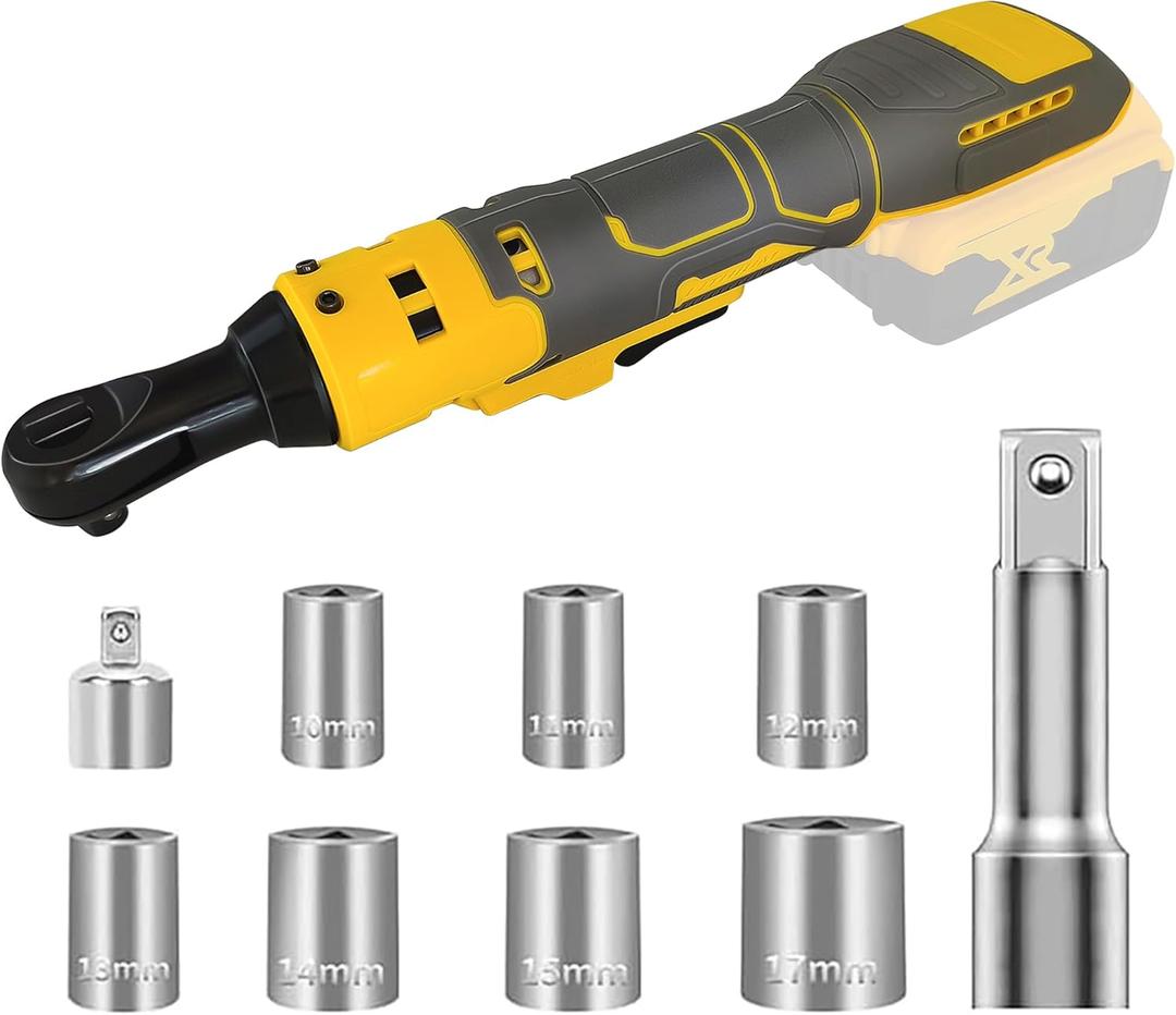 Cordless Ratchet Wrench for Dewalt 20V Battery, 3/8" Electric Ratchet Set 45 Ft-lbs (60 N.m), Variable Speed control, 580RPM Power, 8 Sockets (9/10/11/12/13/14/15/17mm) - No Battery