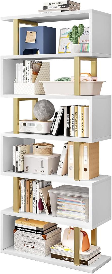 SORCEDAS Bookshelf Geometric Bookcase S Shaped Industrial Bookshelf Storage Display Stand Shelf for Living Room Bedroom and Office Room (White, 6 Tier)