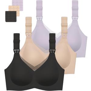 Gailife 3 Pack Nursing Bras for Breastfeeding Seamless V Neck Mesh Maternity Bra Comfort Pregnancy Sleep Bralette, Black/Beige/Purple 2XL