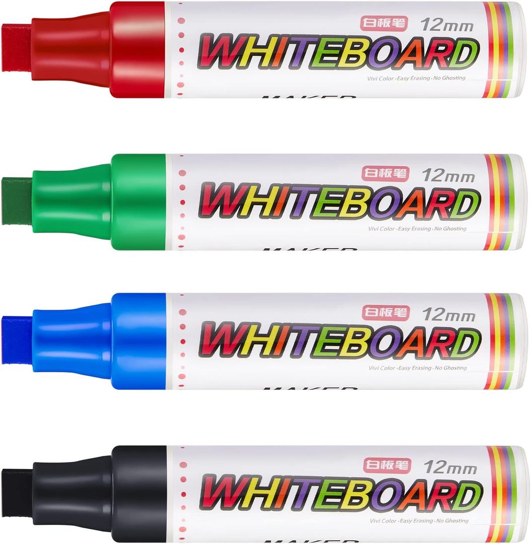 Gersoniel 4 Packs Extra Thick Dry Erase Markers Fine Point White Board Markers Dry Erase 12 mm Big Nib Erasable Pens for Glass, Window, Black Board, Mirror, Assorted Colors