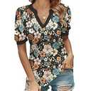 Romanstii Women's Short Sleeve V-Neck T-Shirts Ladie Blouse Tops, Black Daisy, M