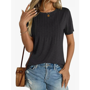 Womens Short Sleeve T Shirts Pleated Dressy Casual Crewneck Loose Fit Tee Trendy Summer Tops Blouses 2025, Size XXL