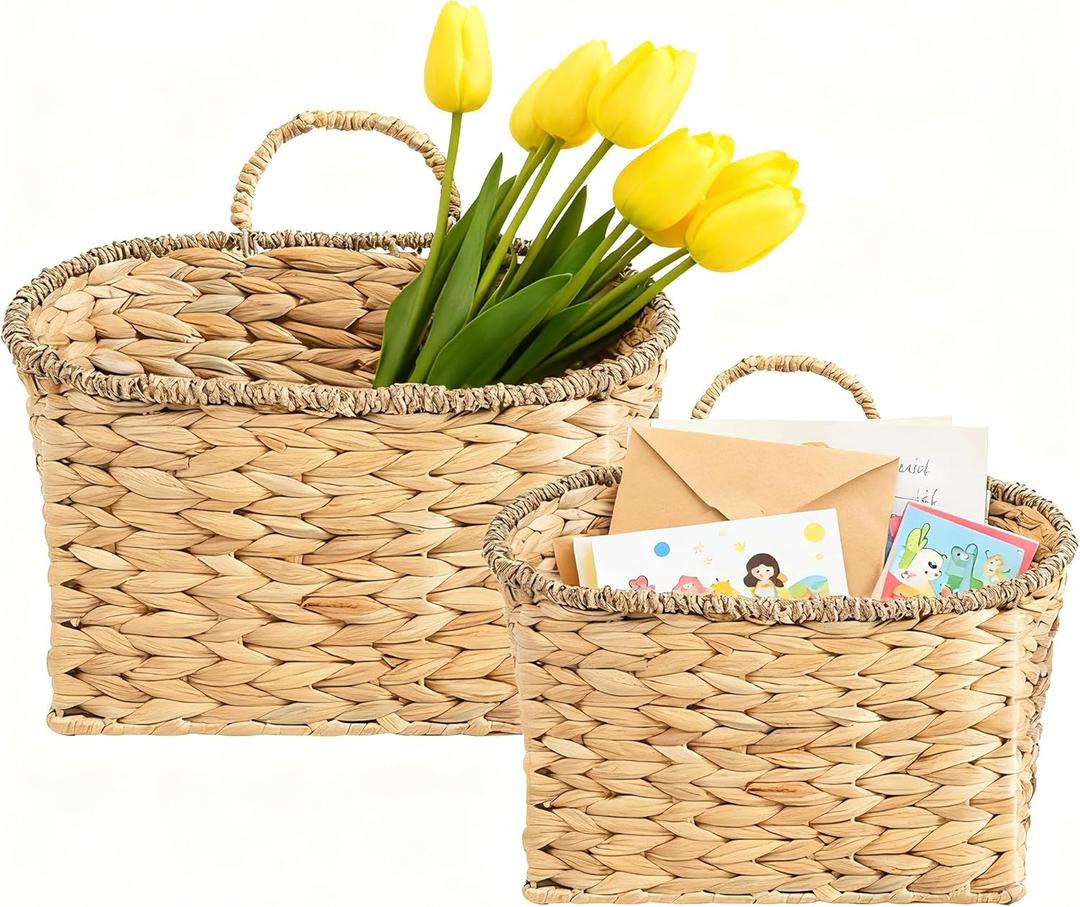 Set of 2 Woven Hanging Basket, Water Hyacinth Handmade Wicke Hanging Wall Baskets for Organizing, Front Door, Mail, Flowers-for Garden Farmhouse Home