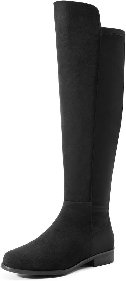 DREAM PAIRS Women's Knee-High Boots Comfortable Flat Low Heel Round Toe Stretchy Suede Slouch Boots with Side Zipper, Size 7, Black-Suede, SDKB2404W