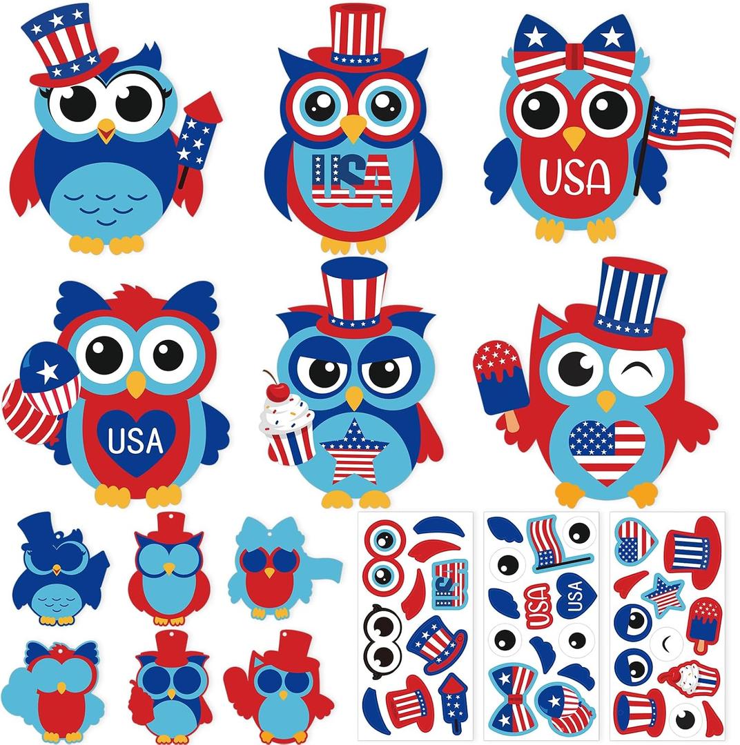PAIVSUN 24Pcs 4th of July Crafts for Kids, DIY Owl Stickers Crafts Kit, Make Your Own Patriotic Arts Activity, Memorial Independence Day Decorations Gifts for Classroom Home Party Supplies