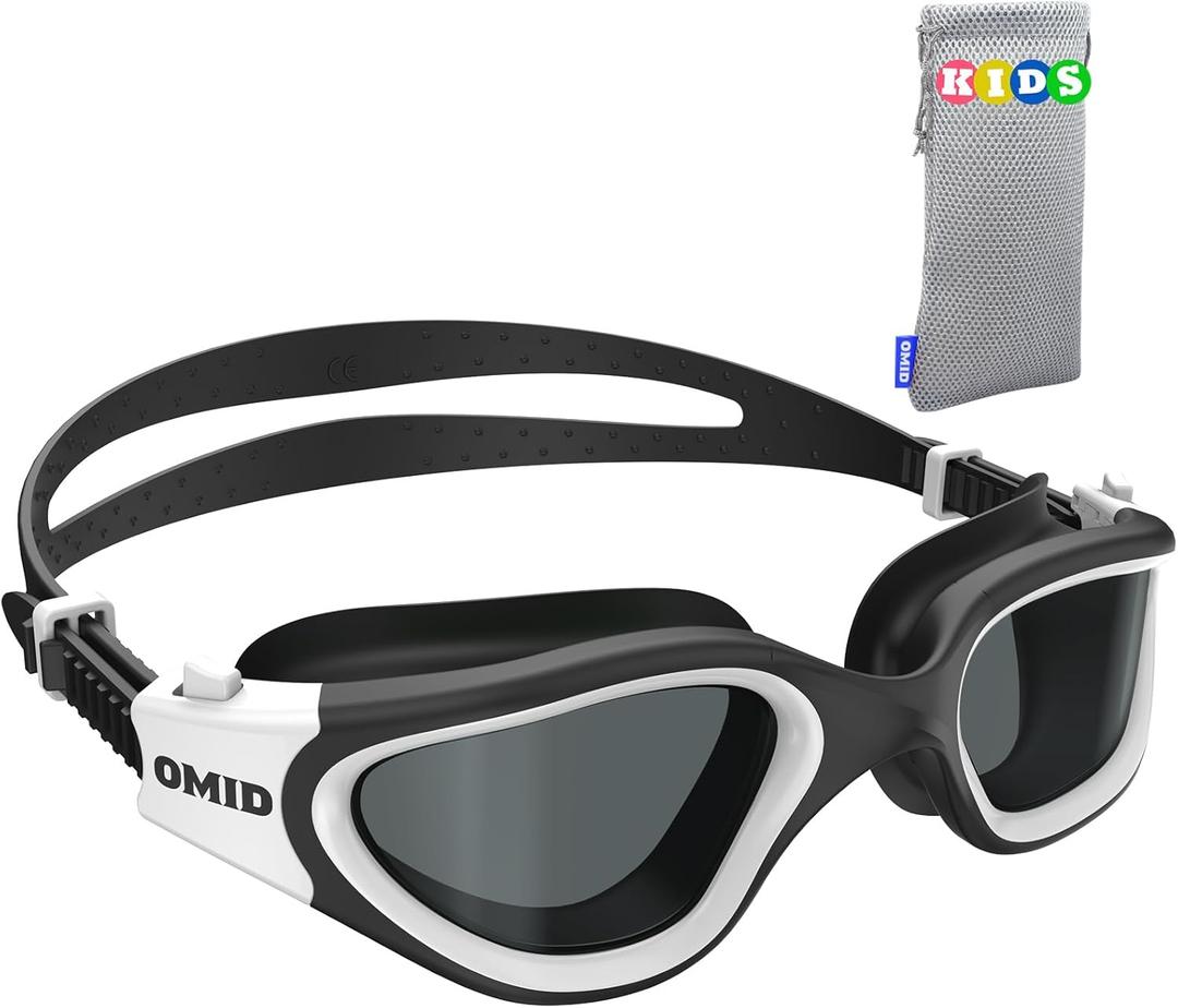 OMID Kids Swim Goggles, P2mini Polarized Swimming Goggles Comfortable for Age 6-14 (B5-smoke Lens Blackwhite Frame)