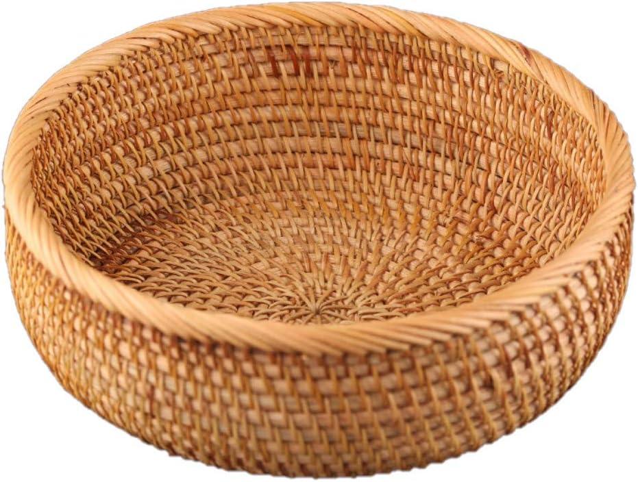 Hadewoven Round Rattan Fruit Basket Wicker Food Tray Weaving Storage Holder Dinning Room Bowl, 9 Inch Woven Bread Basket Key Bowls with 3.5Wall for Table, Countertop (Medium 8.66")