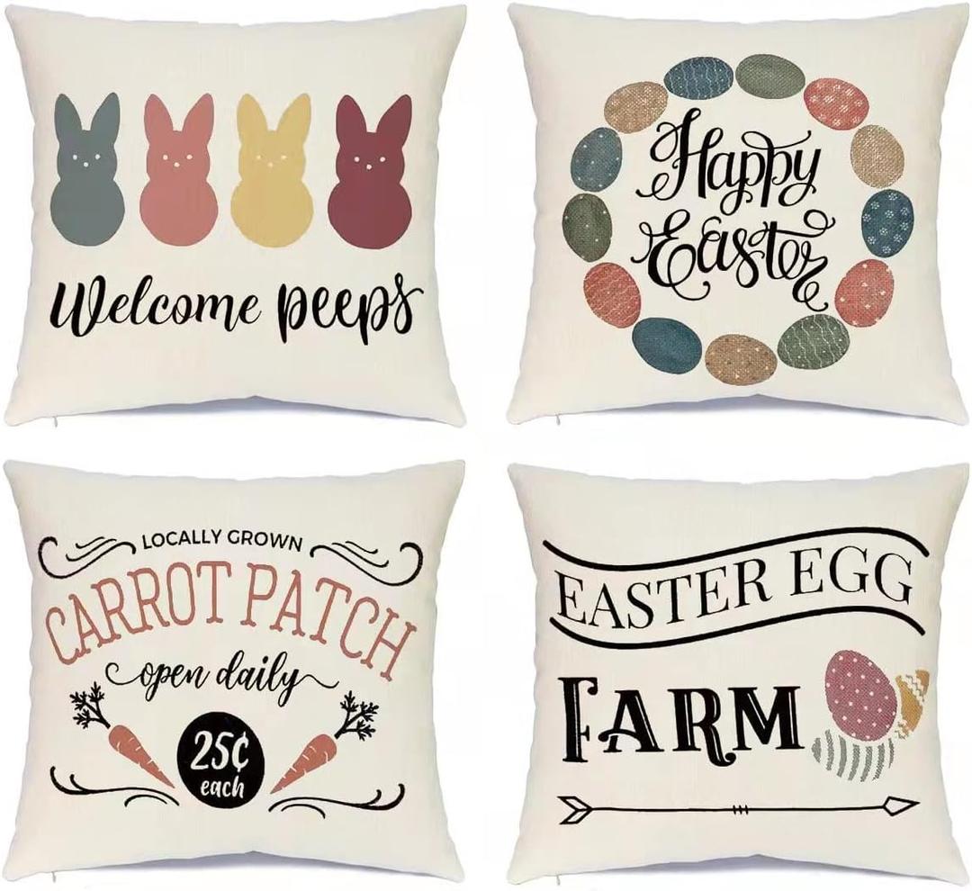 Ueerdand Easter Pillow Covers 16x16 Inch Set of 4 Farmhouse Bunny Decoration Egg Rabbit Decorative Pillow Cases for Sofa Couch