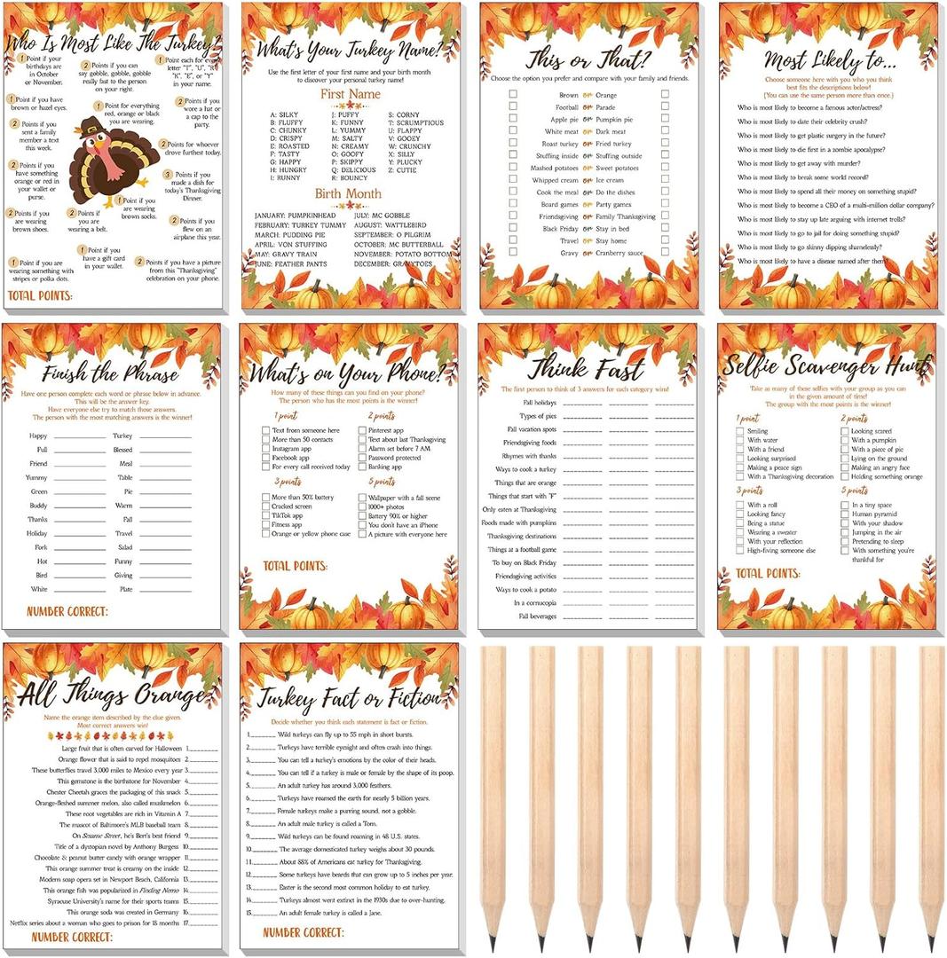Ctosree Friendsgiving Game Cards 10 Games for 10 Guests Friendsgiving Dinner Activities Thanksgiving Party Ideas Fall Gifts for Friends Family Adults 50 Game Cards 10 Pencils
