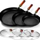 3 Pack Nonstick Frying Pan Set with Detachable Wooden Handles, Pre Seasoned Light-Duty Iron Skillets with Tempered Glass Lids, Easy Clean Cookware for Home Family Cooking (9.5,11,12.5 inch)