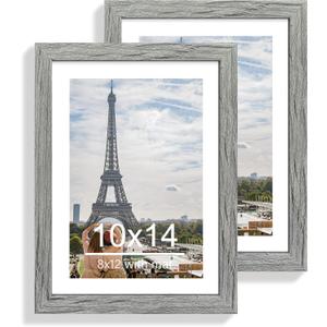 Hongkee 10x14 Picture Frame Set of 2, Made of Glass and Rustic Grey Wooden Frame, Display 8x12 Pictures with Mat or 30 x 40cm Diamond Painting Art without Mat for Wall Mounting, Gallery Photo Frames