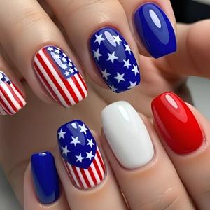 Independence Day Press on Nails Medium Square Fake Nails 4th of July Nails Press Ons with Star Design Patriotism False Nails Blue Red Glue on Nail Glossy Full Cover Stick on Nail for Women 24Pcs