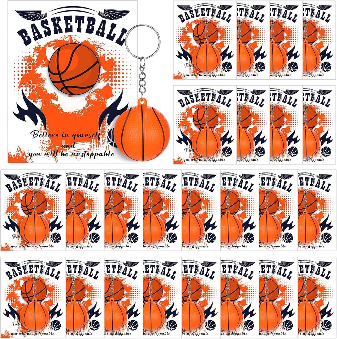 Yinkin 28 Pcs Basketball Keychains Gift Bulk Basketball Party Favors for Girls Boys Team Classroom with Motivational Card