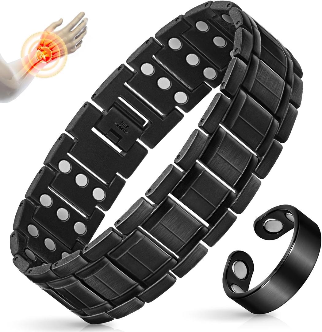 Mahnco Copper Bracelet for Men with Triple-Row Strong Magnets Magnetic Bracelets & Lymphatic Drainage Ring Set with Adjustable Sizing Tool, Magnetic Jewelry Gift (Black)