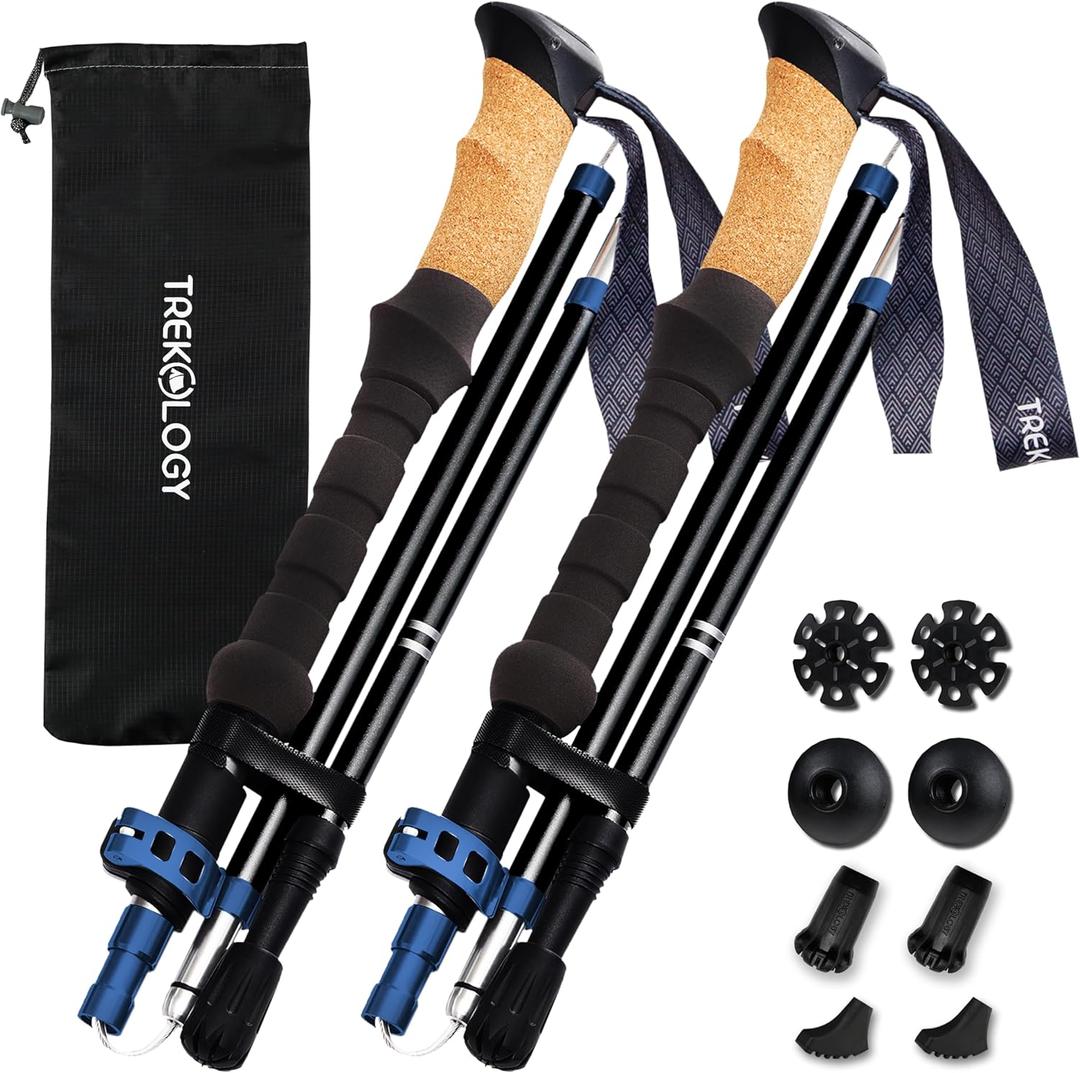 TREKOLOGY Trek-Z Cork Grip Trekking Poles  Lightweight Folding Hiking Poles, Adjustable Height, Compact Travel Design, Aircraft-Grade Aluminum Walking Sticks for Men & Women (Black with Blue)