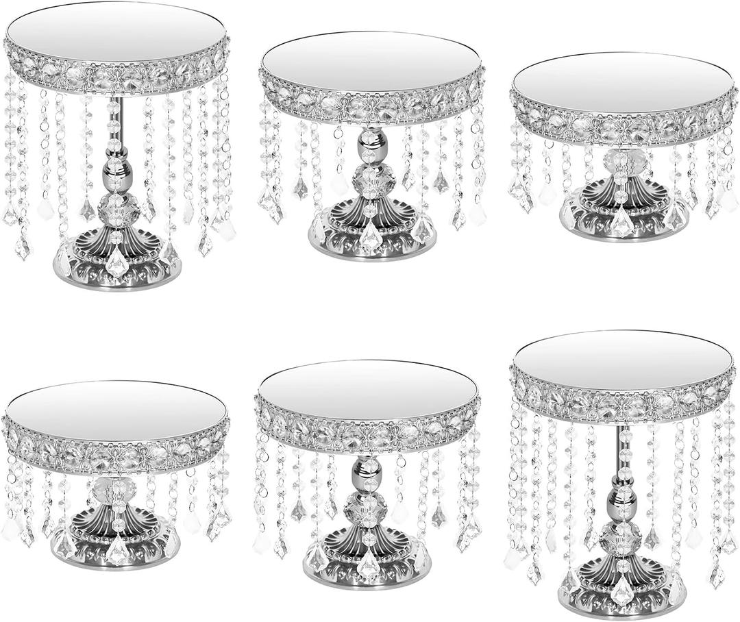 6 Piece Silver Cake Stand Set with Crystal, Mirror Silver Dessert Table Stands Set for Cupcake, Pastry, Round Cake Stands for Wedding Reception, Party(Mirror Silvery)
